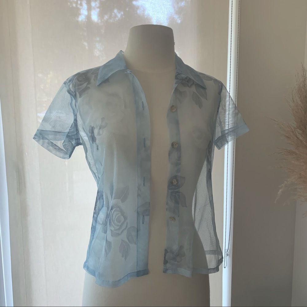 Vintage 90s Baby Blue Mesh Button Up